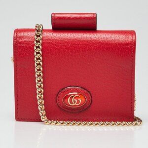 Gucci Red Leather Lipstick Holder Wallet On Chain